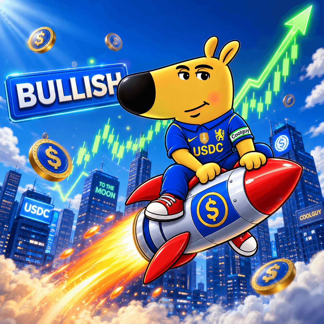 Cool Guy riding a rocket through a bullish cityscape